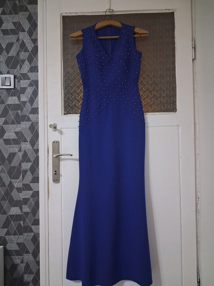 Mavi V Yaka Uzun Abiye Elbise - Görsel 2