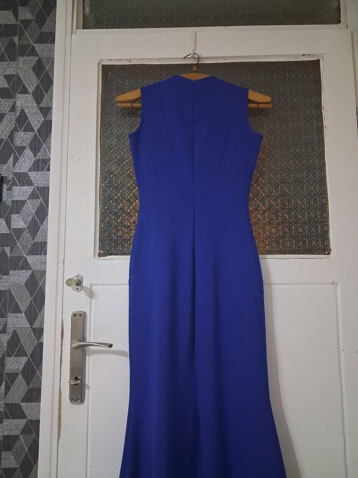 Mavi V Yaka Uzun Abiye Elbise - Görsel 3