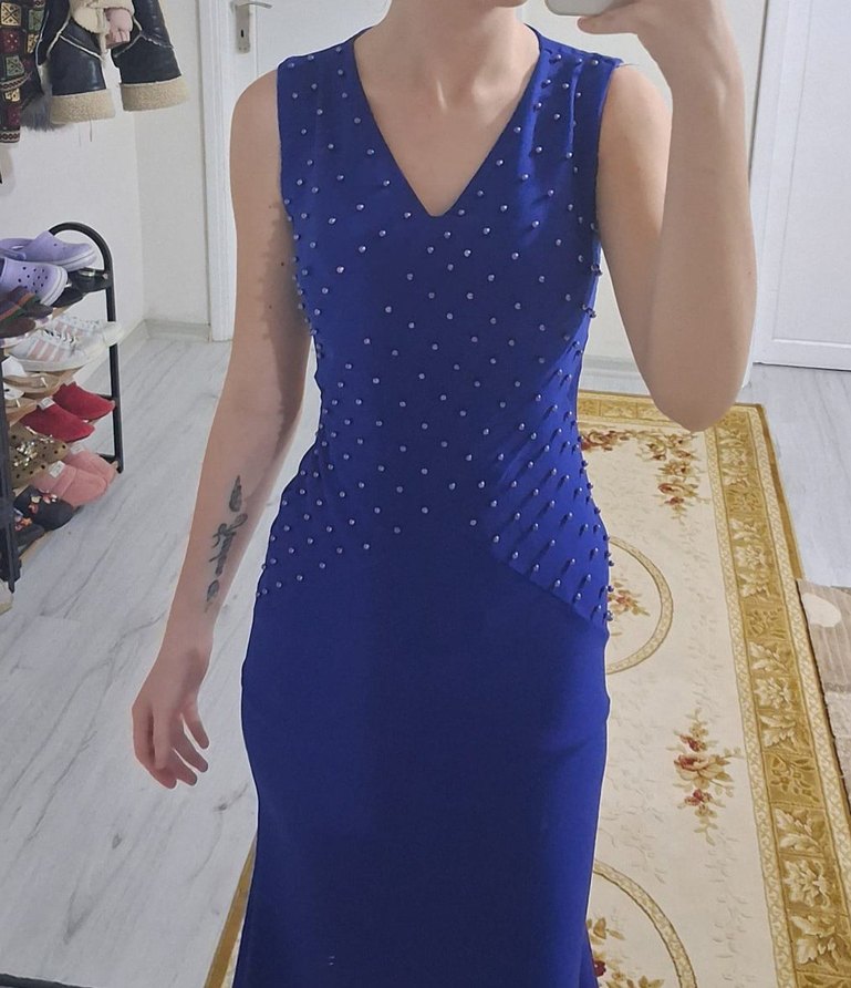 Mavi V Yaka Uzun Abiye Elbise - Görsel 4