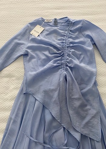 Mavi tesettür takım simli kumaş - Görsel 4