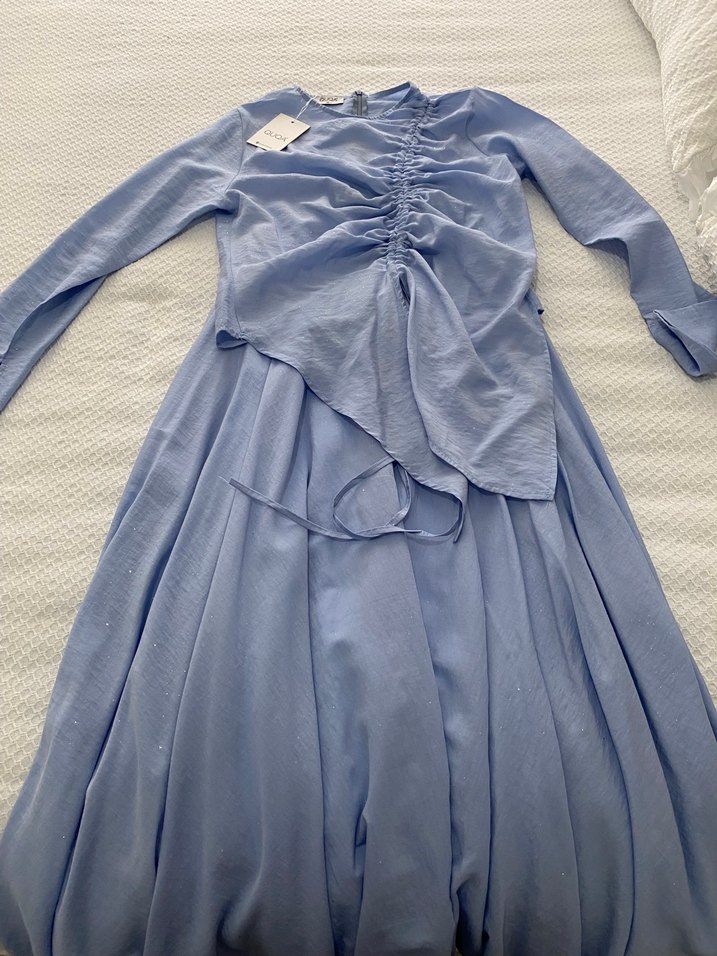 Mavi tesettür takım simli kumaş - Görsel 5