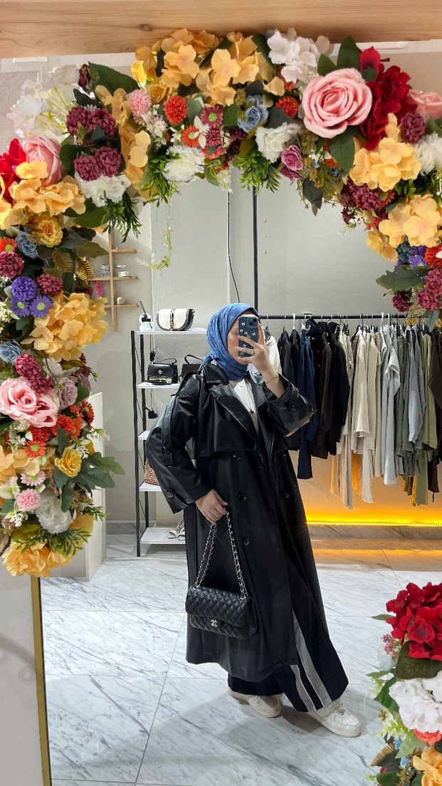 Siyah Deri Uzun Trençkot - Görsel 4