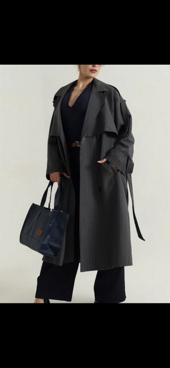 Gri Deri Kemerli Uzun Trençkot - Görsel 3