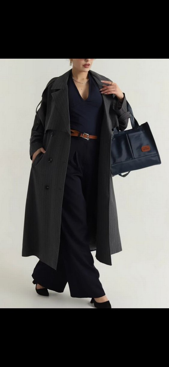 Gri Deri Kemerli Uzun Trençkot - Görsel 2