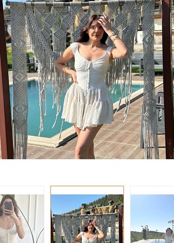 Bej Keten Nakışlı Mini Bohem Elbise - Görsel 5