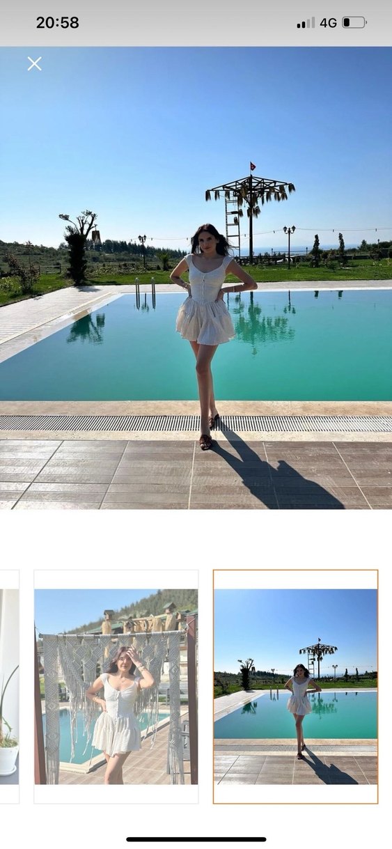 Bej Keten Nakışlı Mini Bohem Elbise - Görsel 4