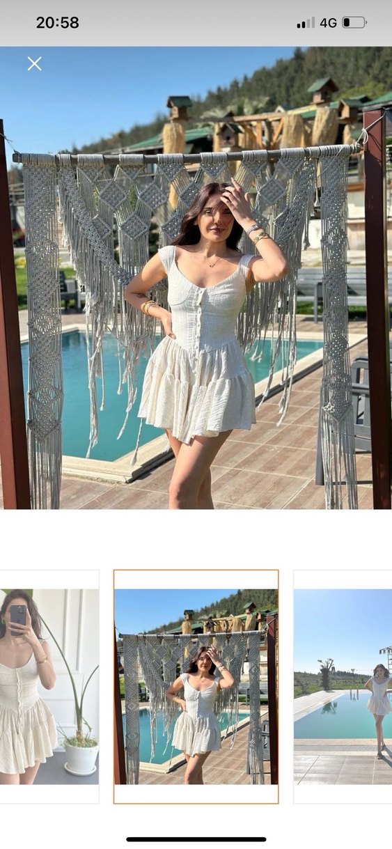 Bej Keten Nakışlı Mini Bohem Elbise - Görsel 5