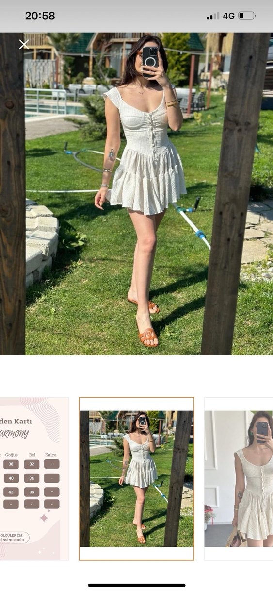 Bej Keten Nakışlı Mini Bohem Elbise - Görsel 2