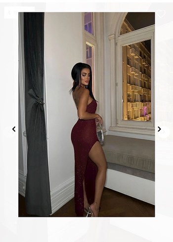 Bordo ışıltılı Uzun Saten Elbise - Görsel 3