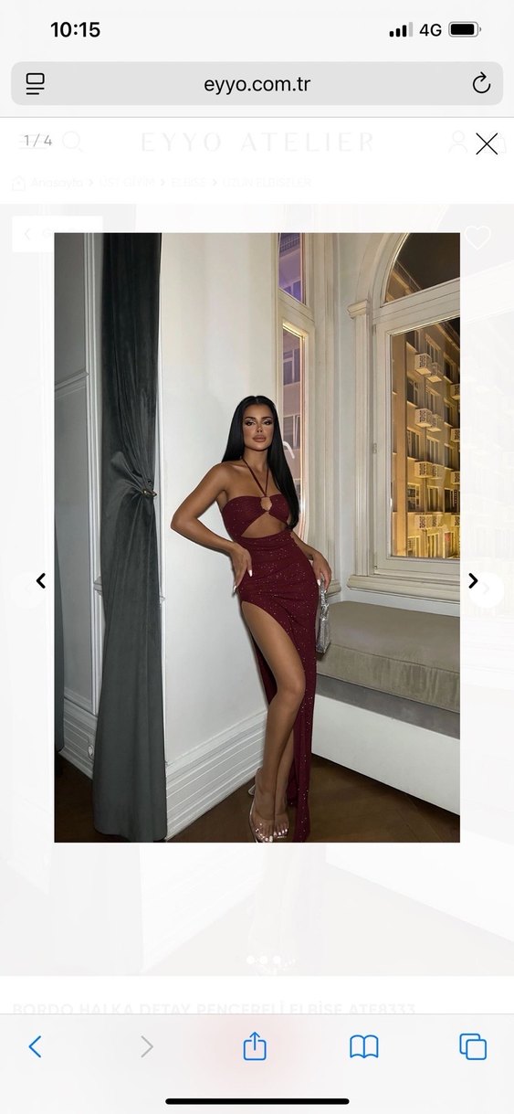 Bordo ışıltılı Uzun Saten Elbise - Görsel 5