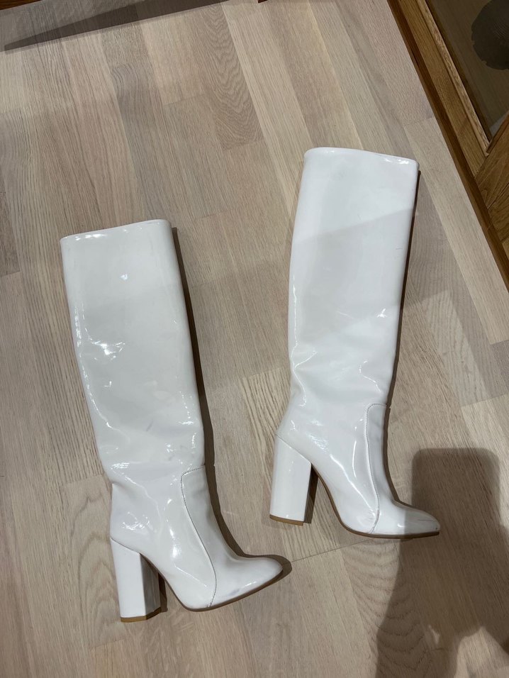 Beyaz Deri İnce Topuklu Dizüstü Kadın Çizme - Görsel 4