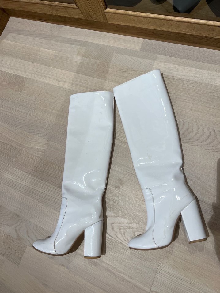 Beyaz Deri İnce Topuklu Dizüstü Kadın Çizme - Görsel 3