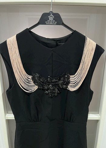 BCBG MAXAZRİA siyah saçaklı midi elbise - Görsel 7