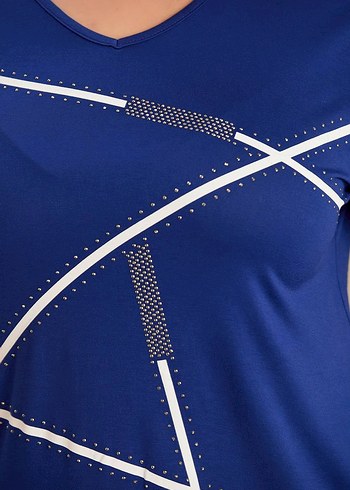 xl Beden mavi Renk Kadın V Yaka Nakışlı Kısa Kollu tshirt