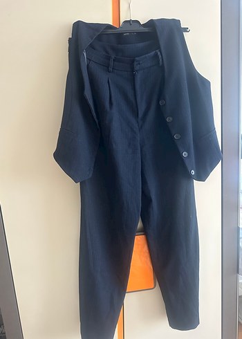 Lacivert Kadın Keten Regular Fit Kumaş Pantolon yelek takım