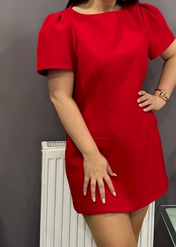 Kısa Kollu Kırmızı Midi Elbise - Görsel 2