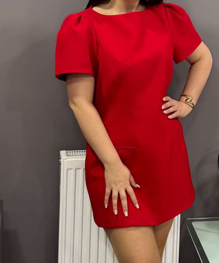 Kısa Kollu Kırmızı Midi Elbise - Görsel 2