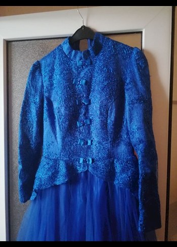 Koyu Mavi Vintage Uzun Kollu Uzun Abiye