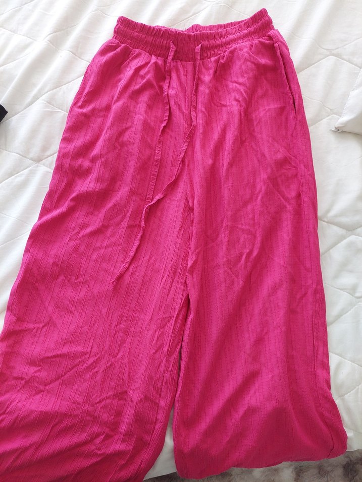 Pembe Keten Piliseli Kadın Pantolon - Görsel 2