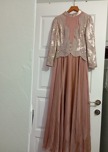 Bej Parlak Uzun Kollu Vintage Abiye Elbise - Görsel 2