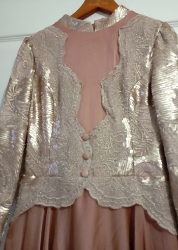 Bej Parlak Uzun Kollu Vintage Abiye Elbise - Görsel 3