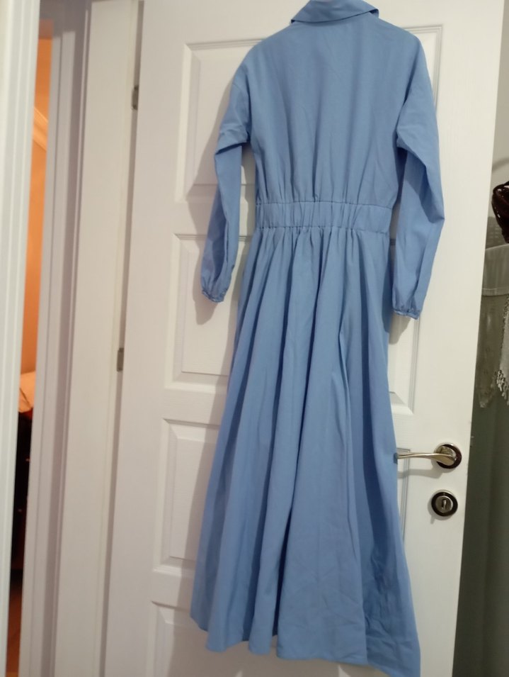 Mavi Uzun Keten Elbise - Görsel 2