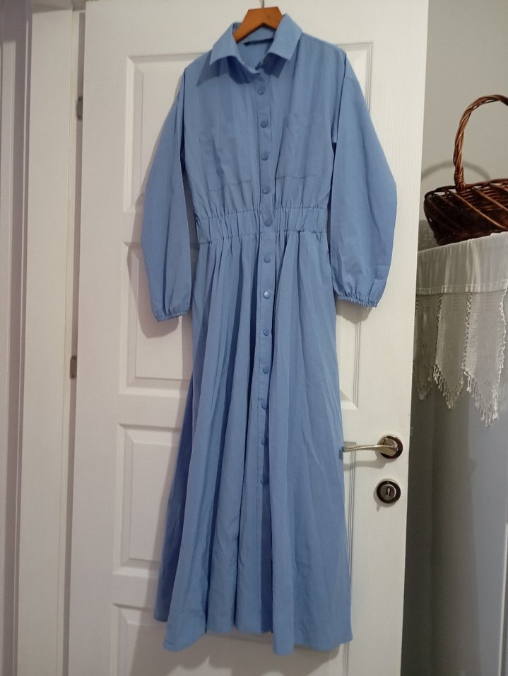 Mavi Uzun Keten Elbise - Görsel 3