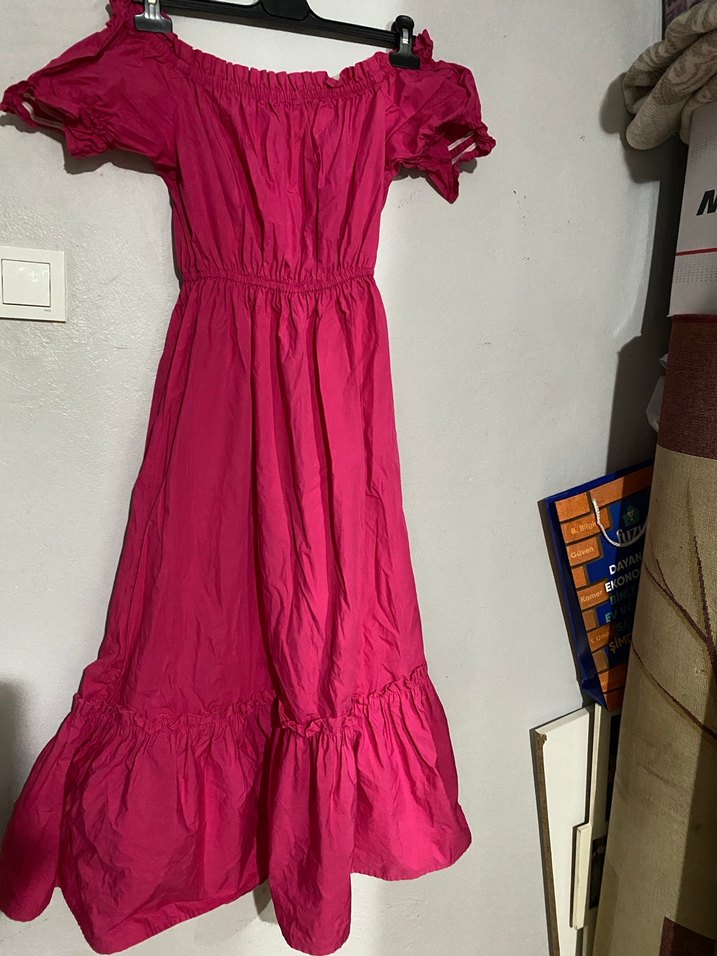 Pembe Uzun Bohem madonna yaka Elbise - Görsel 2