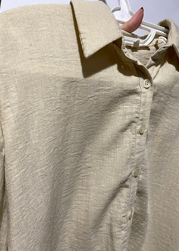 Bej Keten Gömlek, Kısa Kollu, Düğmeli - Görsel 3