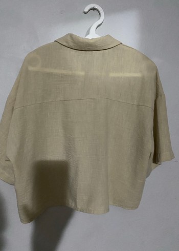 Bej Keten Gömlek, Kısa Kollu, Düğmeli - Görsel 2