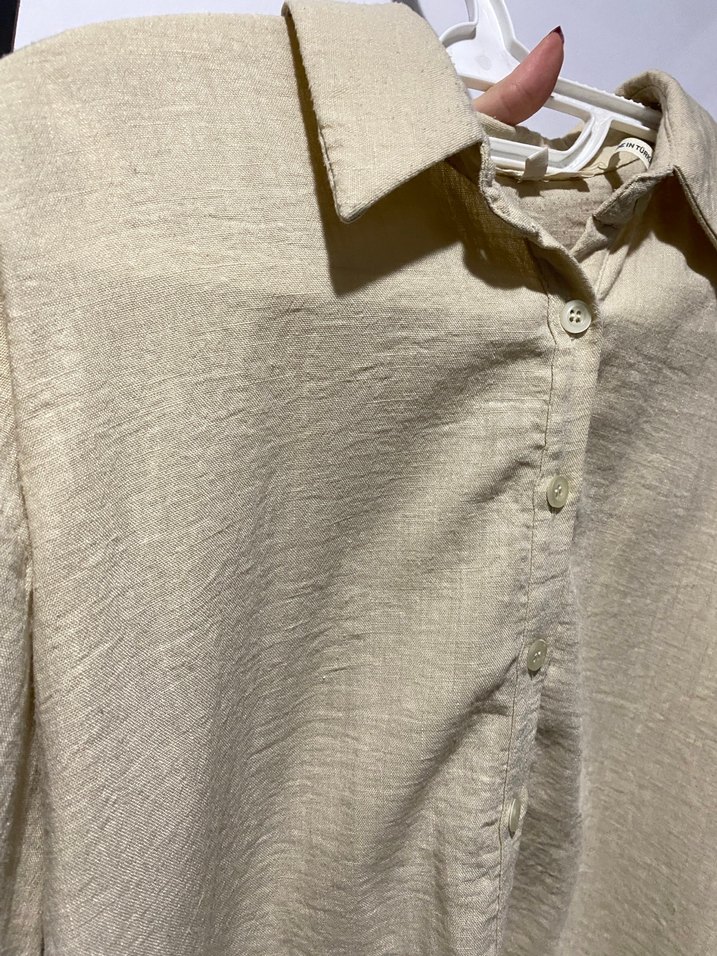 Bej Keten Gömlek, Kısa Kollu, Düğmeli - Görsel 3