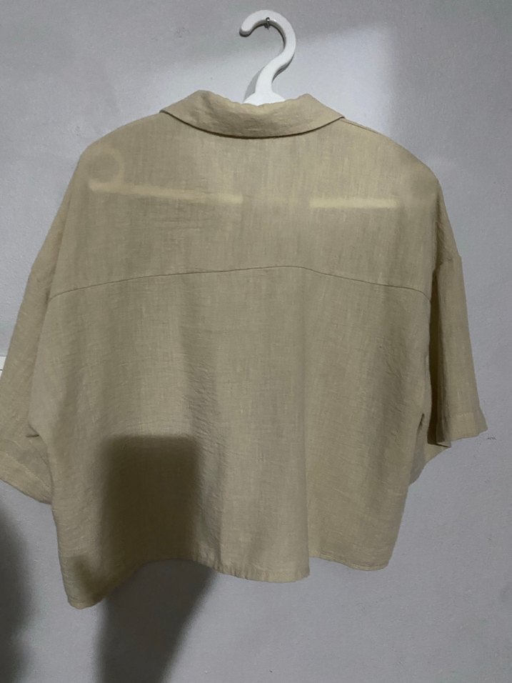 Bej Keten Gömlek, Kısa Kollu, Düğmeli - Görsel 2