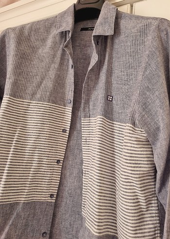 Mavi Erkek Keten Düğmeli Uzun Kollu Gömlek - Görsel 3