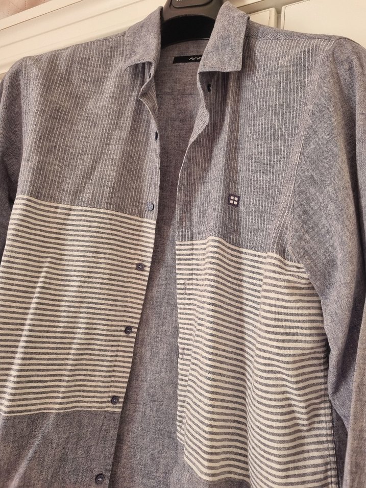 Mavi Erkek Keten Düğmeli Uzun Kollu Gömlek - Görsel 3