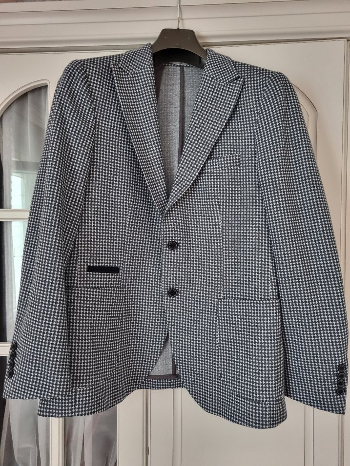 Mavi Beyaz Ekose Erkek Ofis Ceket - Görsel 2