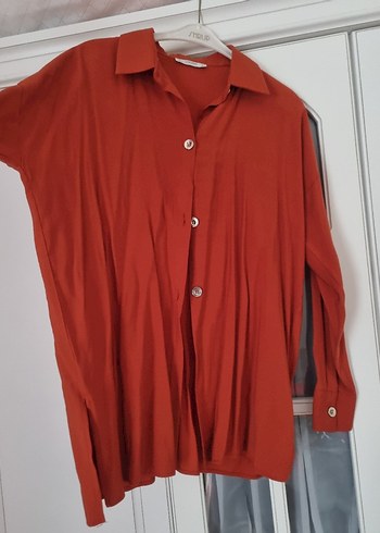 Düğmeli Kiremit Rengi Kadın Gömlek - Görsel 2