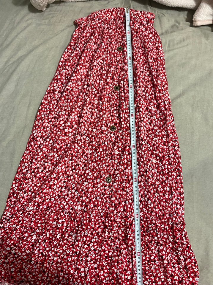 Kırmızı Desenli Düğmeli uzun Etek - Görsel 2