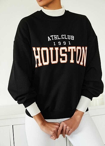 Kadın Siyah Houston Baskılı Oversize Sweatshirt