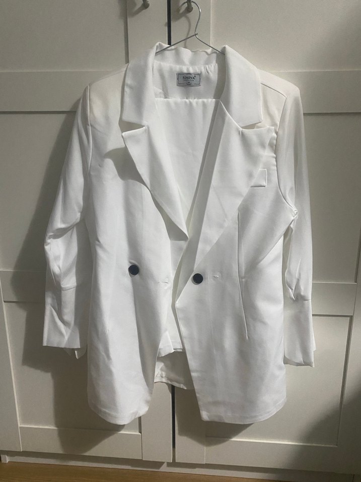 Düğmeli Beyaz Keten Kadın Blazer Ceket ve Pantolon Takımı - Görsel 2