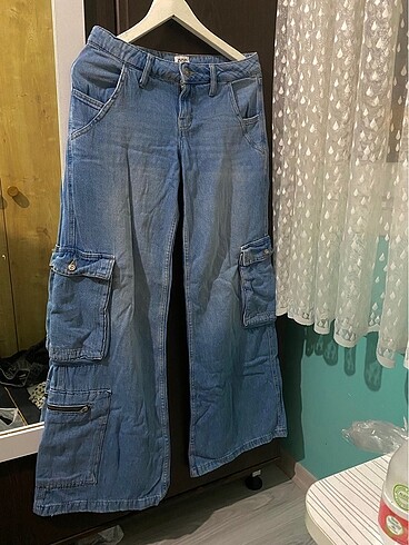 Mavi kot bol paça kargo düşük bel pantolon