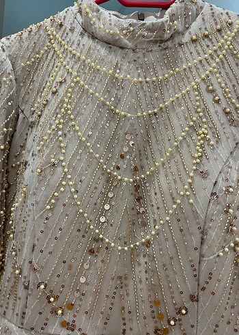 İnci İşlemeli V Yaka Uzun Kol Bej Abiye - Görsel 9