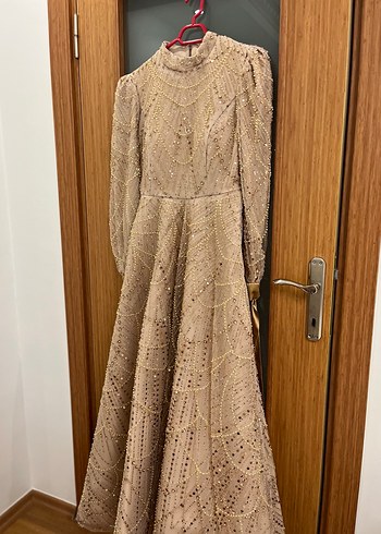 İnci İşlemeli V Yaka Uzun Kol Bej Abiye - Görsel 5