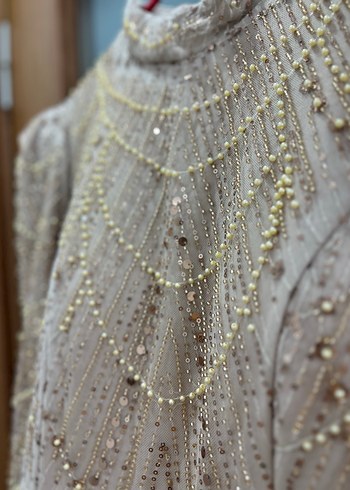 İnci İşlemeli V Yaka Uzun Kol Bej Abiye - Görsel 7