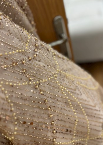 İnci İşlemeli V Yaka Uzun Kol Bej Abiye - Görsel 8