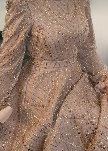 İnci İşlemeli V Yaka Uzun Kol Bej Abiye - Görsel 2