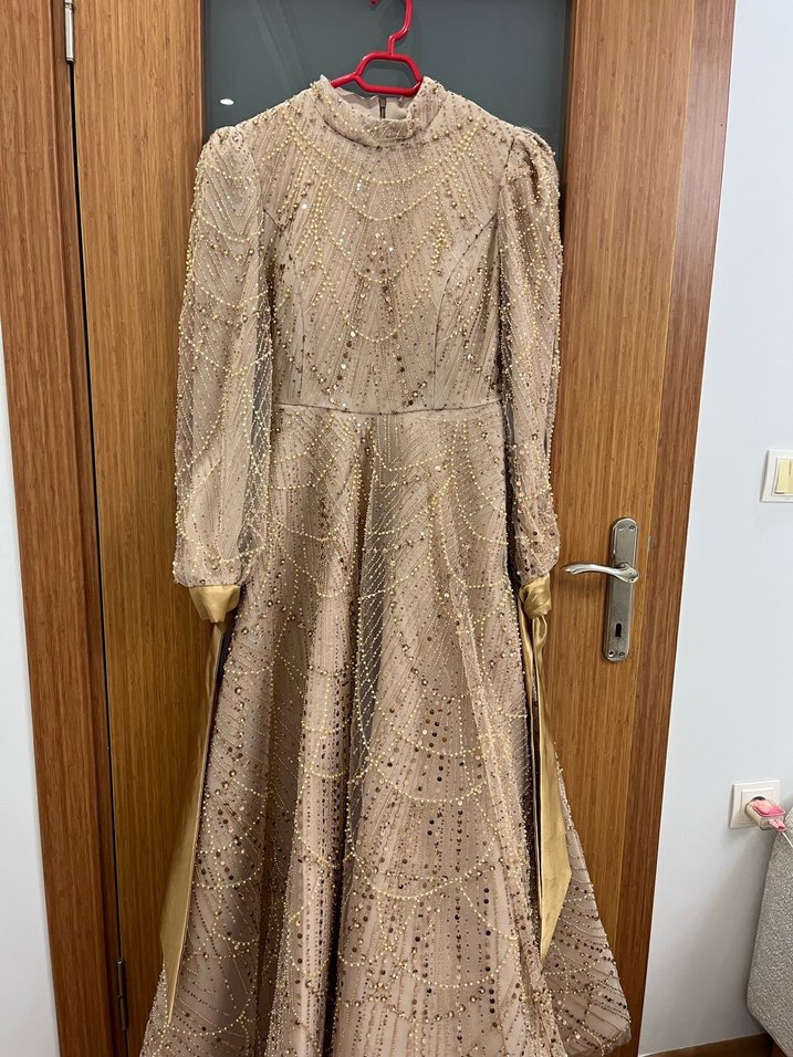 İnci İşlemeli V Yaka Uzun Kol Bej Abiye - Görsel 4