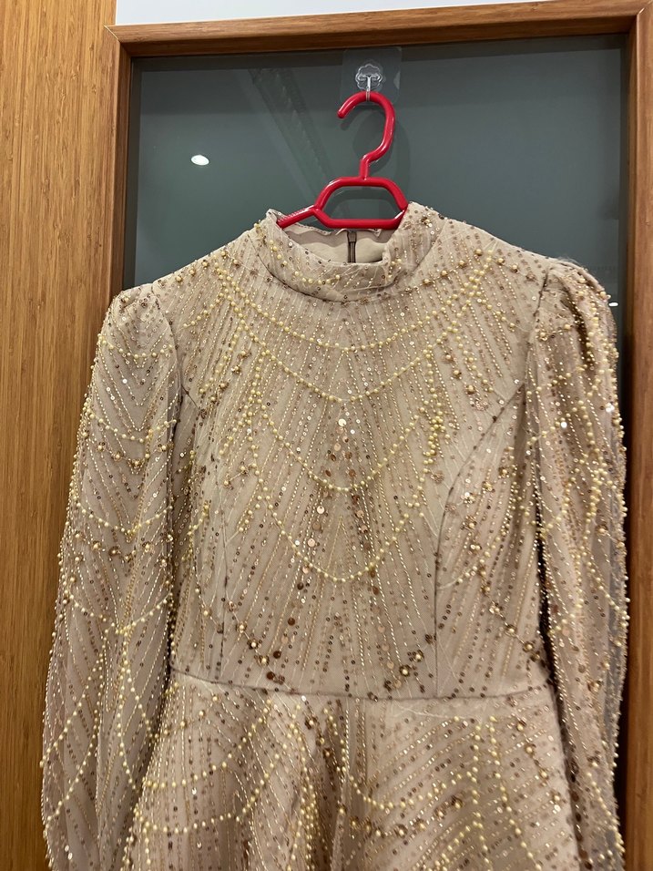 İnci İşlemeli V Yaka Uzun Kol Bej Abiye - Görsel 3