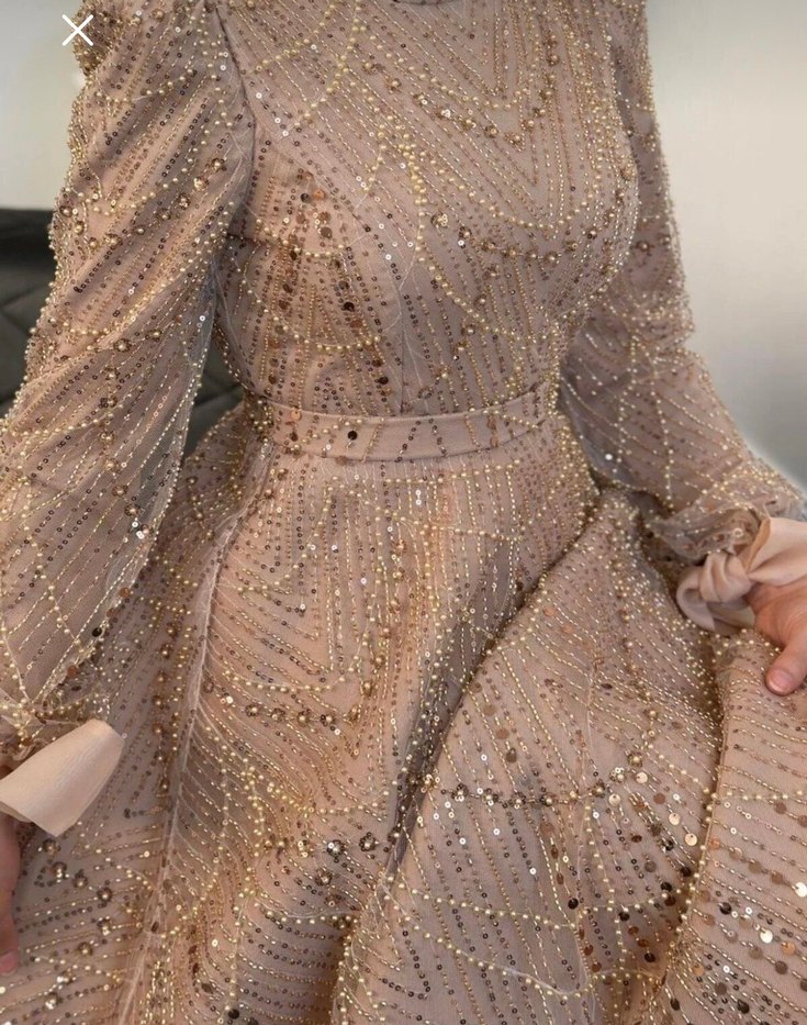 İnci İşlemeli V Yaka Uzun Kol Bej Abiye - Görsel 2