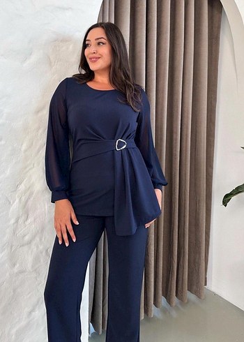 Büyük Beden Özel Günlere Uygun Lacivert Kemerli Takım - Görsel 8