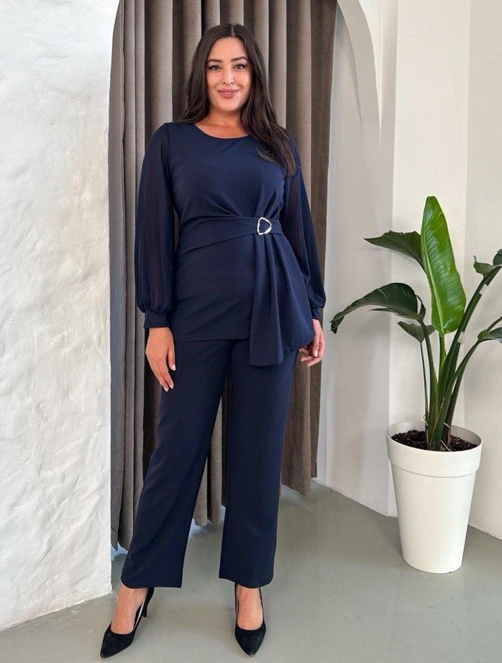 Büyük Beden Özel Günlere Uygun Lacivert Kemerli Takım - Görsel 4
